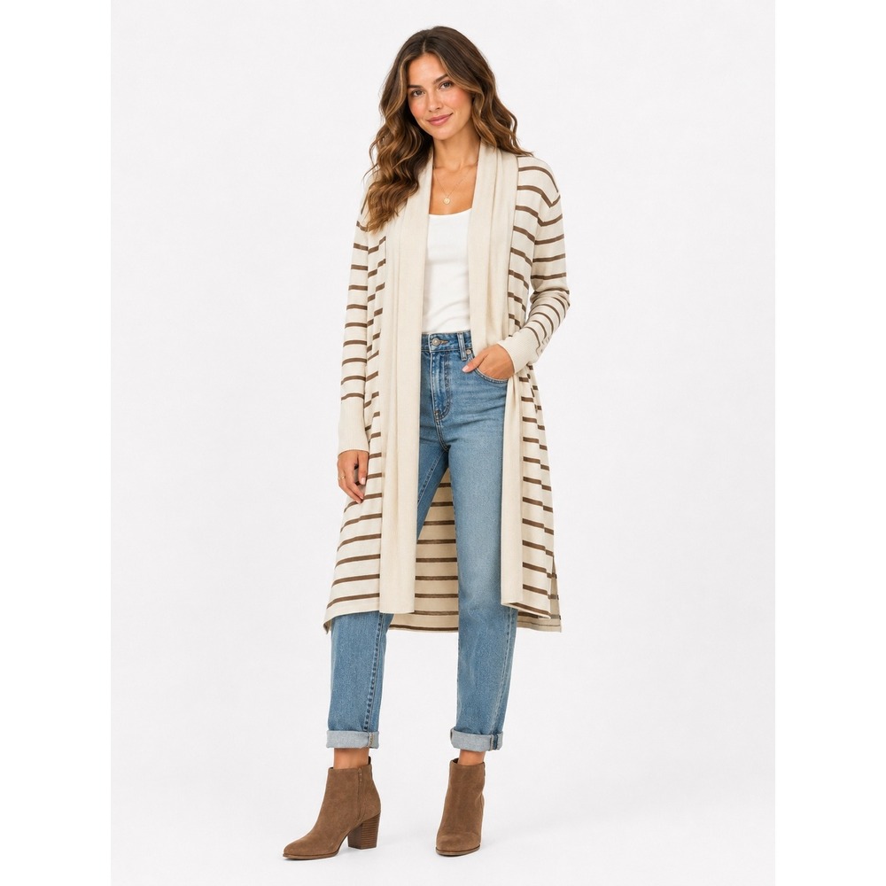 Striped Knit Longline Cardigan M Cream Brown Shawl Collar Coastal Preppy Chaser